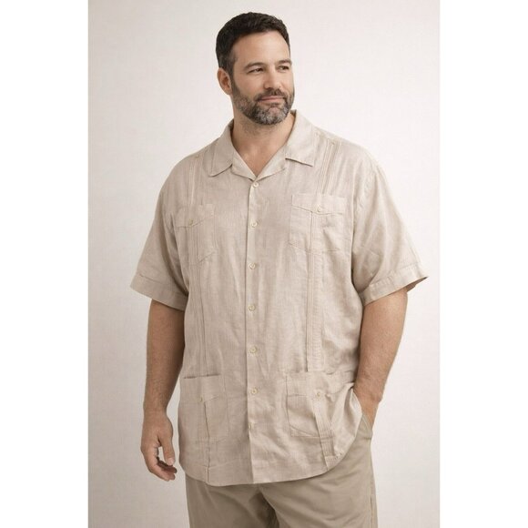 Cubavera 100% Linen Embroidered Guayabera Shirt Short Sleeve Tan Havana Nights